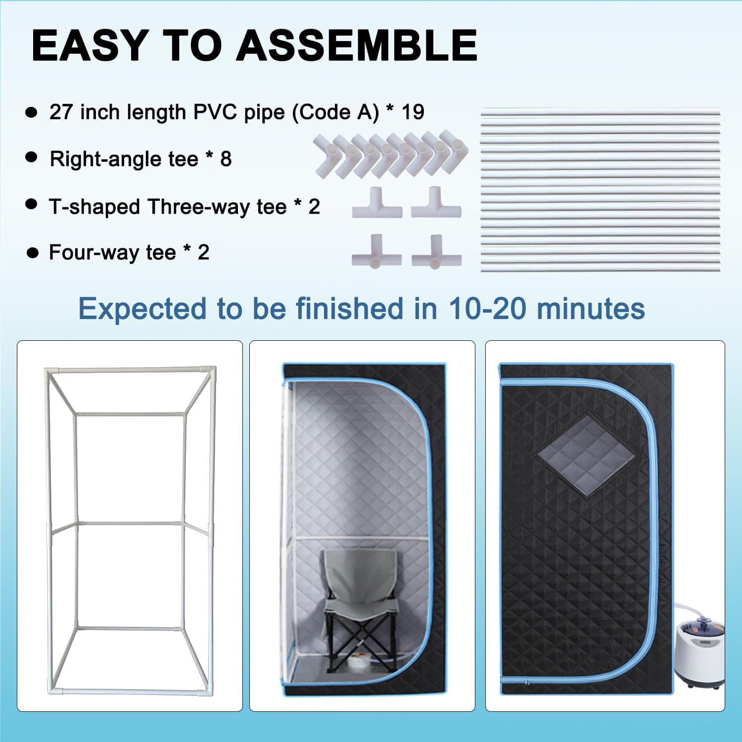 Portable Steam Sauna | Full Size Portablel Sauna Tent | Personal Home Sauna Spa | with 2.2L Water Injection Rate and 1000W Steam Generator, Portable Chair, Black (Blue Edge)