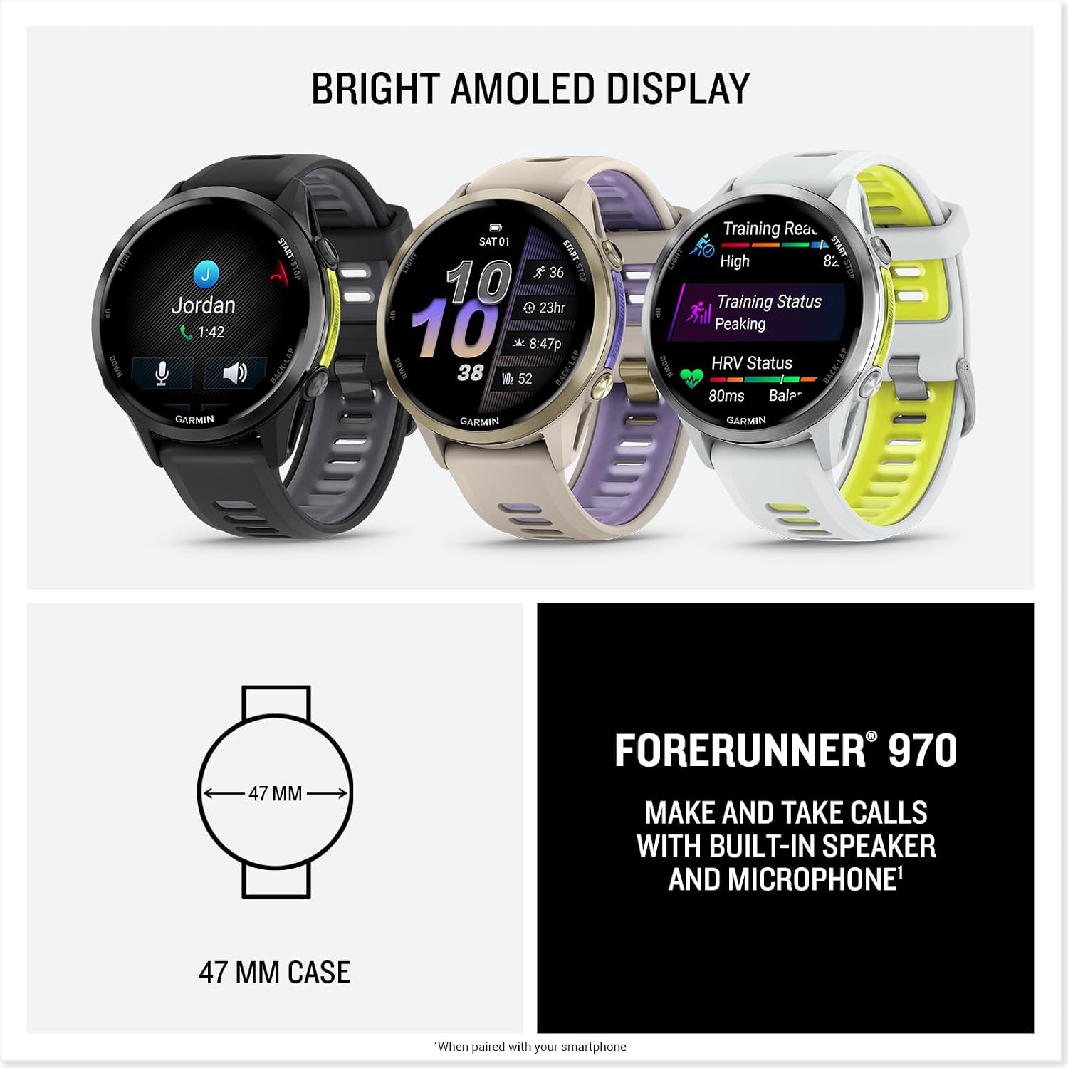 PlayBetter Garmin Forerunner 970 (Carbon Gray DLC Titanium/Translucent Black) Running & Triathlon GPS Smartwatch Gift Box Bundle - AMOLED, LED Flashlight w HD Screen Protectors, Wall Adapter & Case