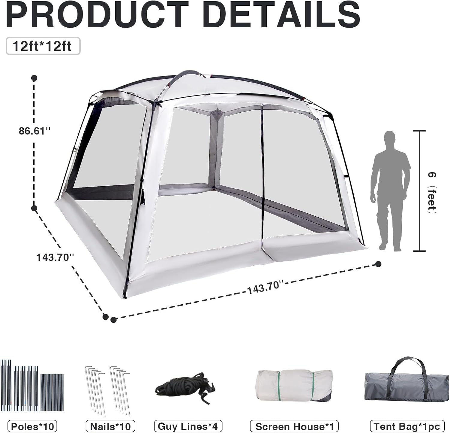 12' X 12' Screen Tent for Camping Canopy Easy Set Up Camper Screen House Room Porch Screened Gazebo 8-10 Person Screenhouse Bug Mesh Shade Tent UPF 50+ Screen Sun Shelter for Outdoor Patios