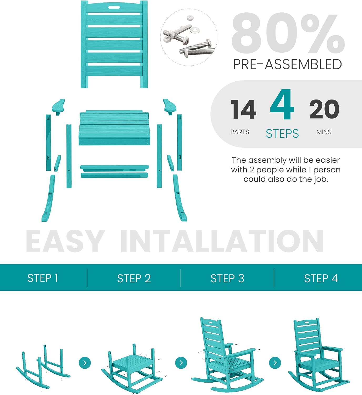 SERWALL Outdoor Rocking Chair Set of 2, Oversized HDPE Patio Rocking Chair with Footrest for Adults, All Weather Porch Rocker for Deck Patio Balcony, Aruba