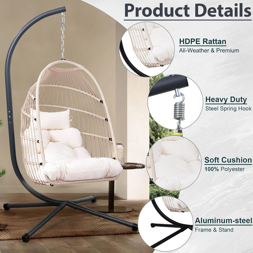 Foldable Hanging Egg Chair with Stand, HDPE Rattan and Heavy Duty Aluminum-Steel Frame, Outdoor Patio Wicker Swing Egg Chair with Headrest and Cushion, 350 Lbs Capacity, White