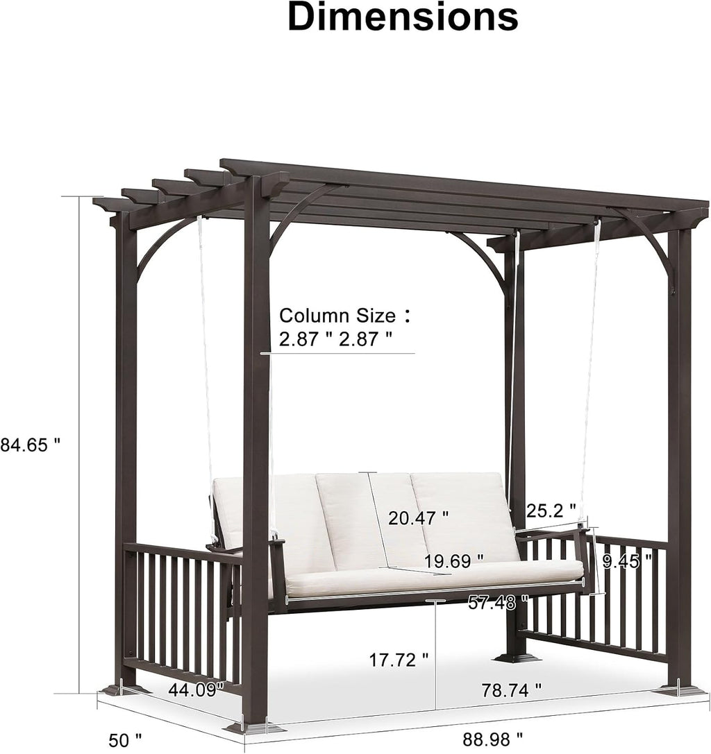 PURPLE LEAF 3-Seat Porch Swing with 12 Clear LED Lights Outdoor Metal Pergola Swing Hanging Cloud Swing Chair for Backyard Garden Patio Hammock Swinging, Cushion and Pillows Included, Coffee