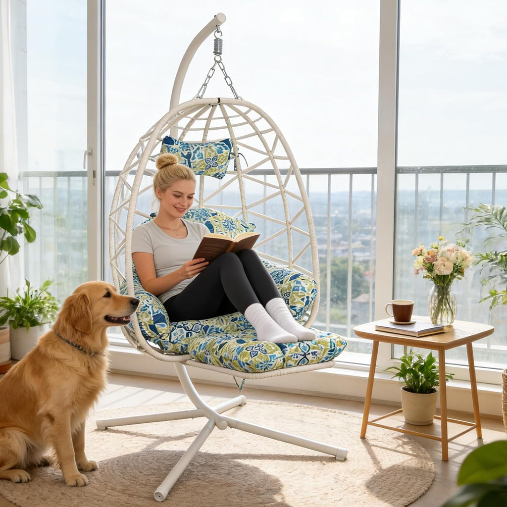 Hanging Egg Chair with Stand & Leg Rest,Rattan Wicker Swing Chair with Cushion,Patio Basket Hanging Chair Wicker Hammock Chair for Indoor Outdoor Bedroom Garden,300LBS (White Rattan&Floral Cushion)