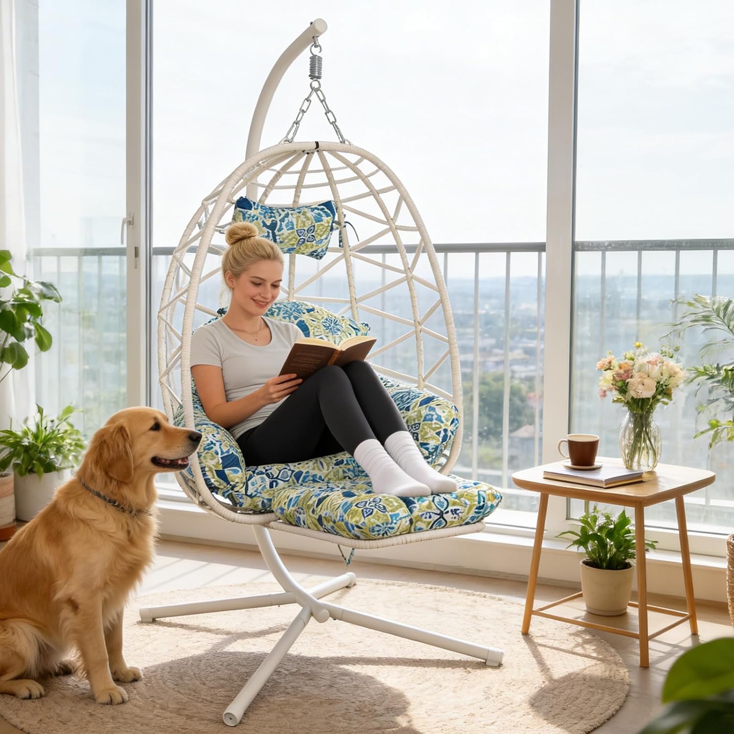 Hanging Egg Chair with Stand & Leg Rest,Rattan Wicker Swing Chair with Cushion,Patio Basket Hanging Chair Wicker Hammock Chair for Indoor Outdoor Bedroom Garden,300LBS (White Rattan&Floral Cushion)