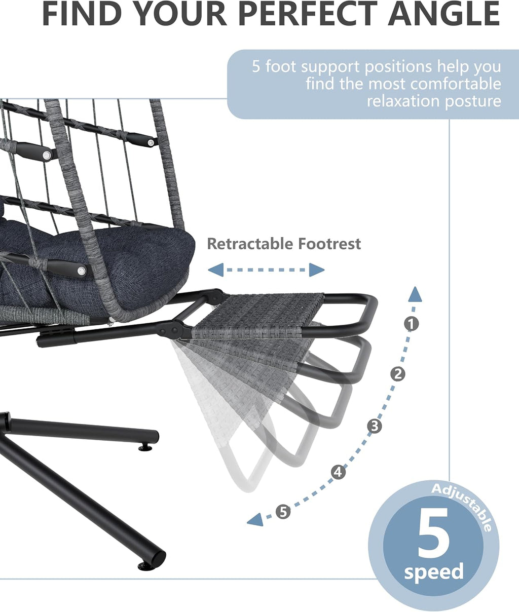 SWITTE Egg Chair Outdoor with Footrest & Stand, Indoor Wicker Hanging Egg Swing Hammock Chair with Cushion for Patio, Bedroom, Garden - Charcoal