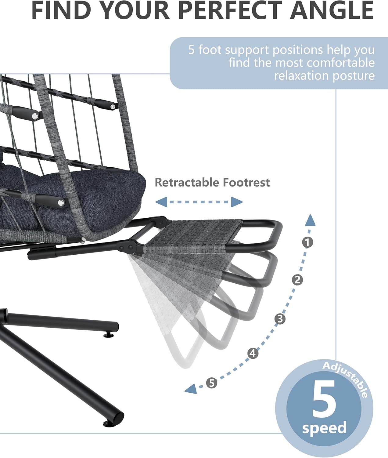 SWITTE Egg Chair Outdoor with Footrest & Stand, Indoor Wicker Hanging Egg Swing Hammock Chair with Cushion for Patio, Bedroom, Garden - Charcoal