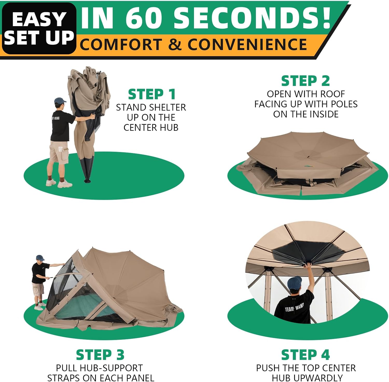 COBIZI Pop Up Gazebo Screen Tent Screen House for Camping, 15x15 Screen Room with Mosquito Netting, Hub Tent Instant Screened Canopy with Carrying Bag and Ground Stakes, Khaki