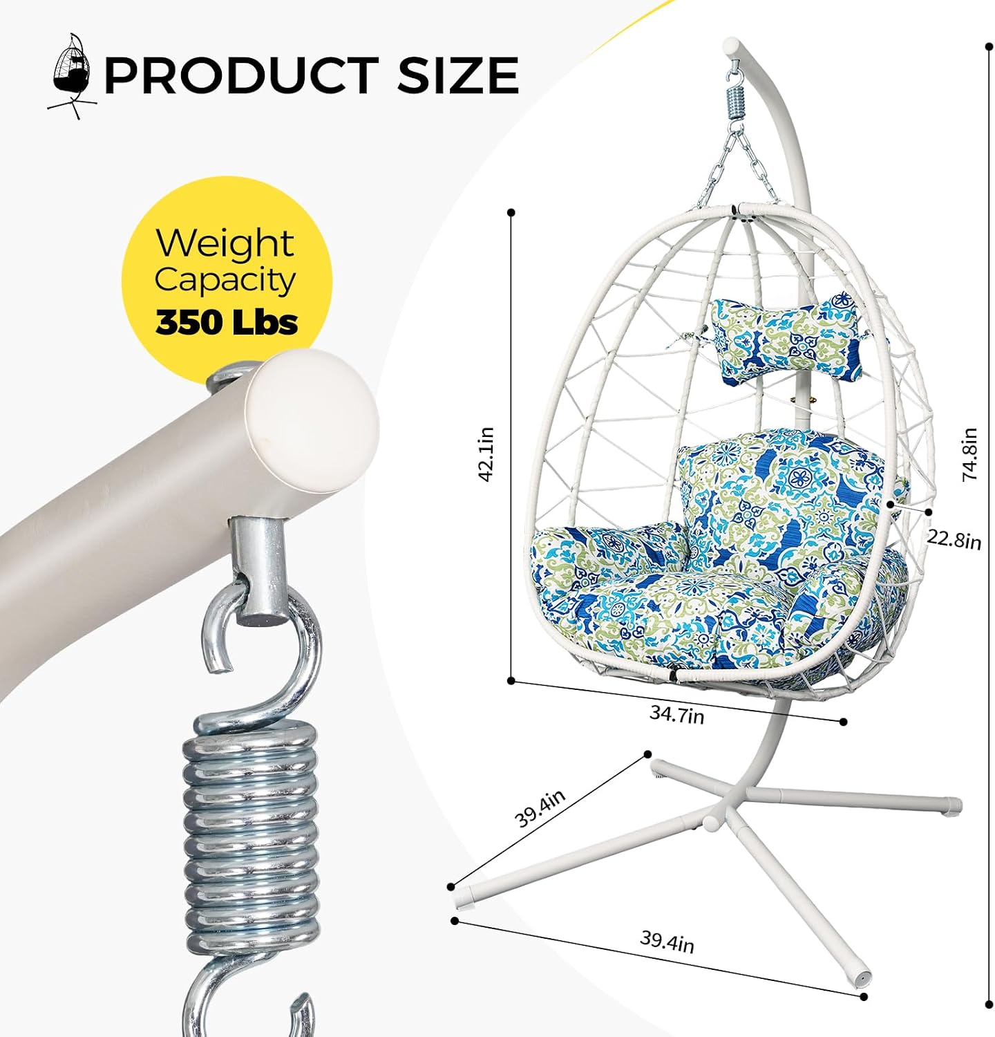 Egg Chair with Stand, Wicker Hanging Chair for Outdoor Patio, Cushioned Hammock Swing for Bedroom Garden Indoor/Outdoor, Double-Zipper Structure Hanging Egg Chair (White and Moroccan)