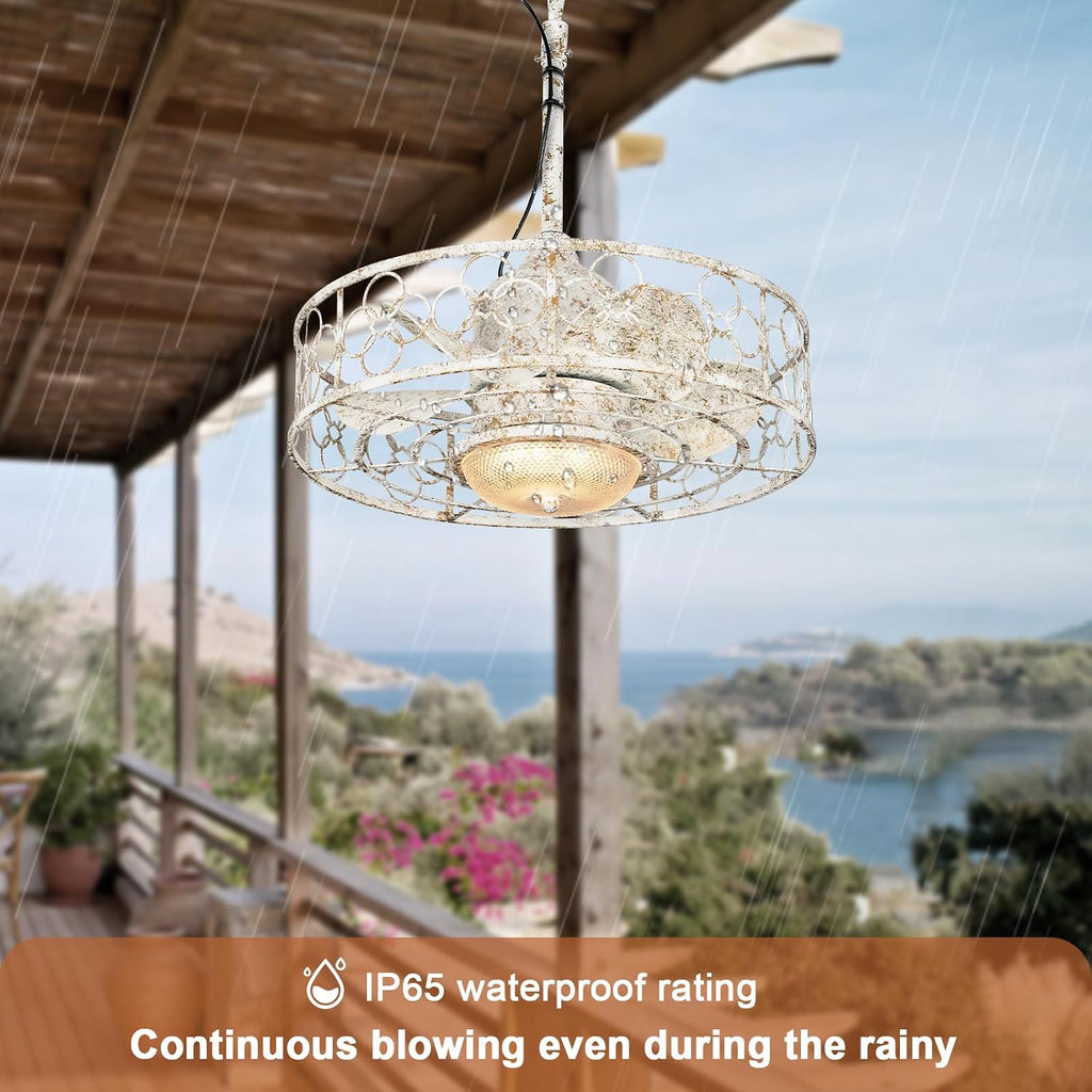 20' Outdoor Ceiling Fan with Light for Patios Waterproof Caged Gazebo Fans Outdoor Hanging Lighting with Plug-in Cord, Dimmable LED, Remote APP Control, 6 Speeds for Pergola Porch Gazebo (White)