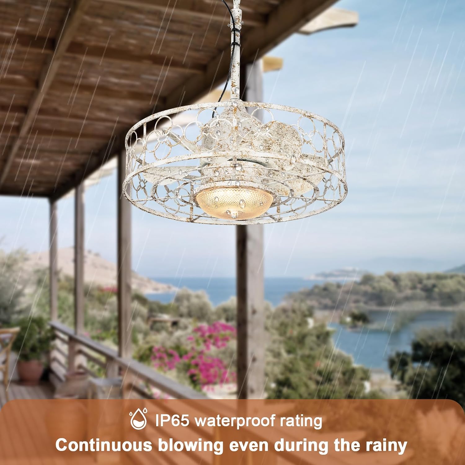20' Outdoor Ceiling Fan with Light for Patios Waterproof Caged Gazebo Fans Outdoor Hanging Lighting with Plug-in Cord, Dimmable LED, Remote APP Control, 6 Speeds for Pergola Porch Gazebo (White)