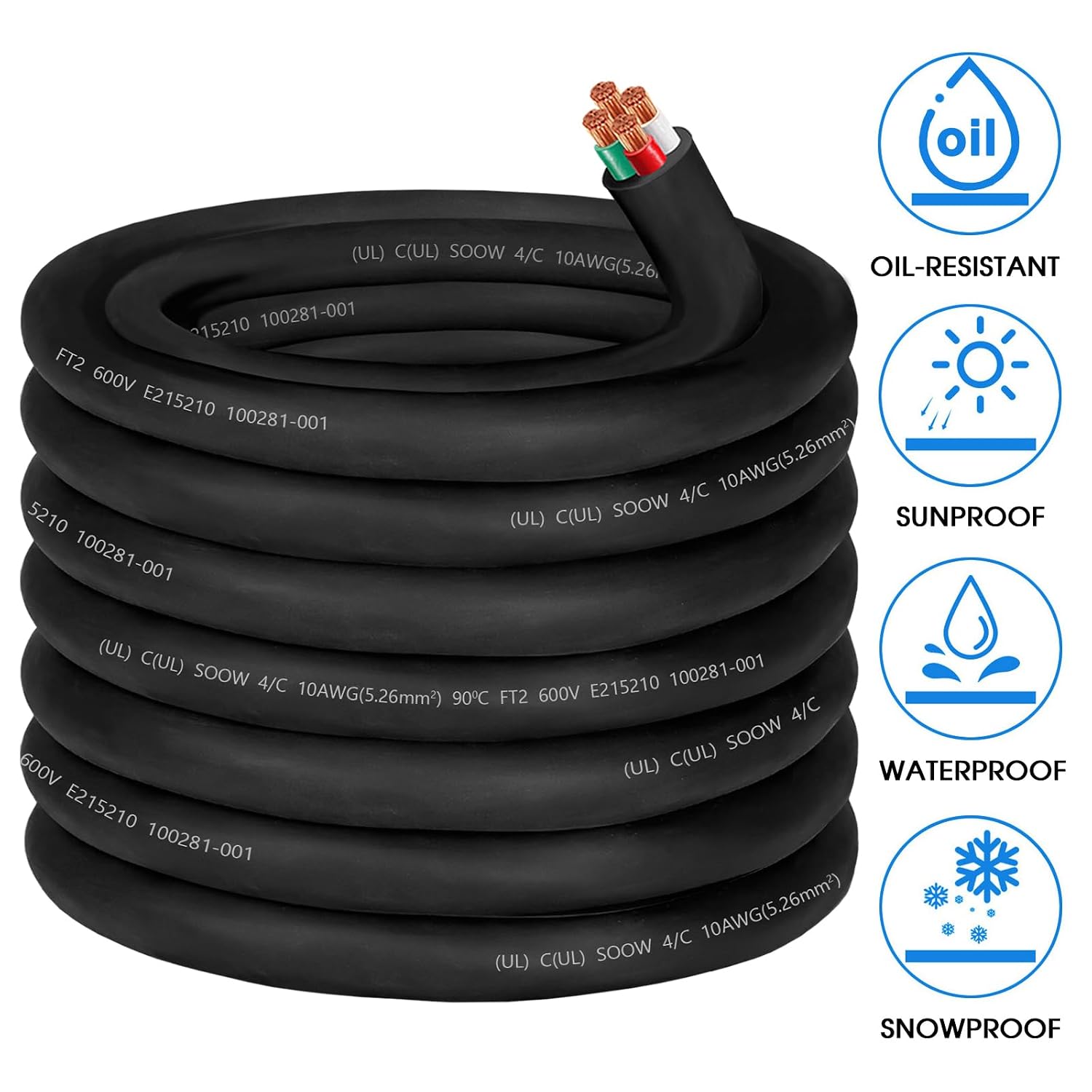 50ft 10/4 Wire 10AWG SOOW Wire 10 Gauge,10/4 Portable Power Cable 10 Gauge 4 Conductor Electric Cable SOOW Extension Cord for NEMA 14-30amp Generator,Welder,Portable Light,EV Car Charger,Motor Lead