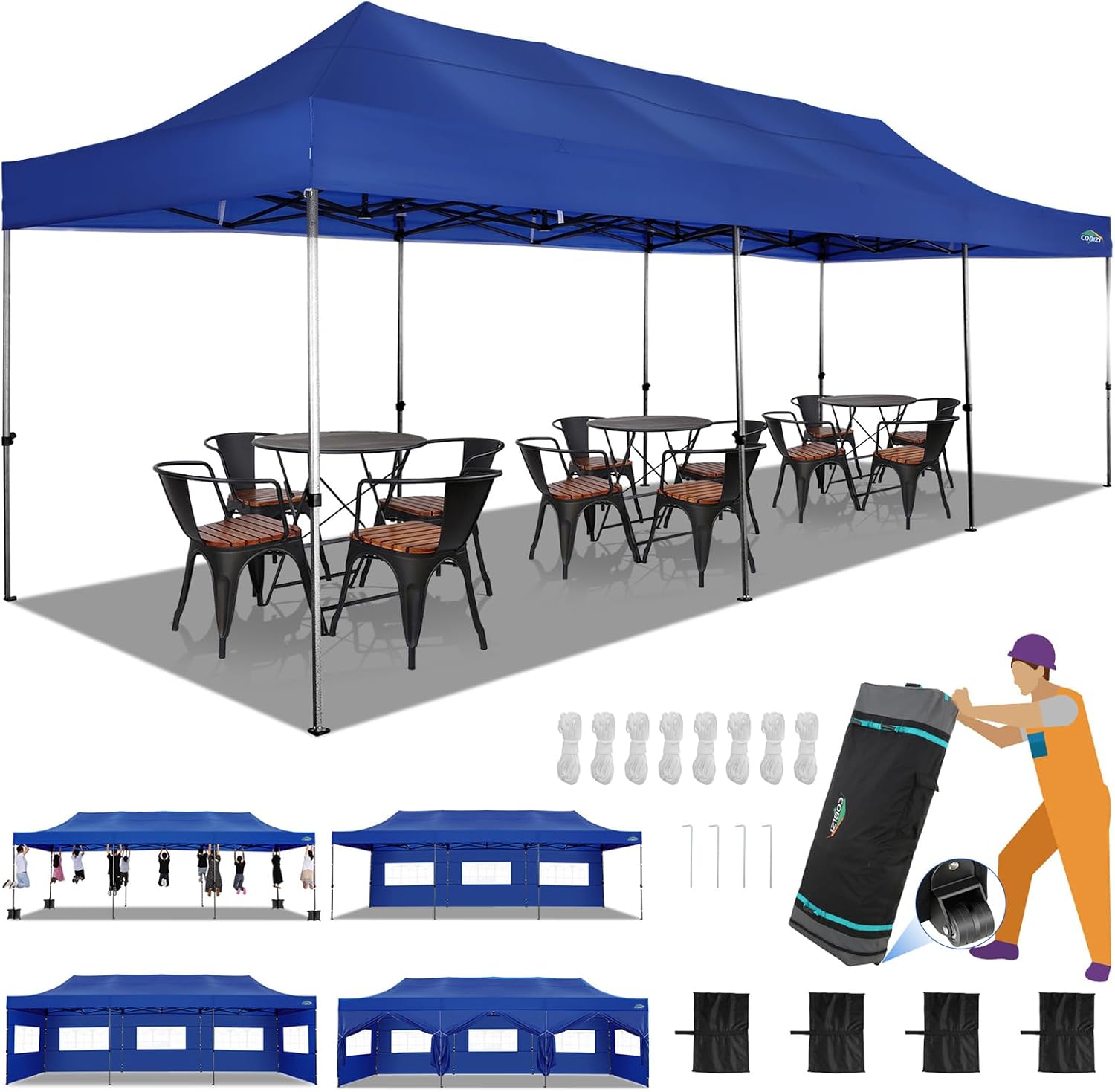 COBIZI 10x30 Heavy Duty Pop up Canopy with 8 sidewalls Party Tent for Parties Weddings Events UPF 50+ Waterproof Commercial Gazebo with Roller Bag, Dark Blue(Frame Thickened)