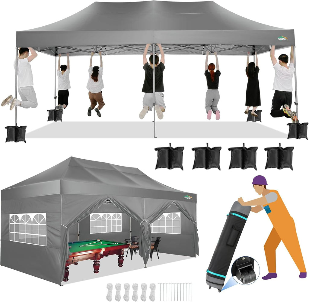COBIZI 10x20 Canopy with Sidewalls, Heavy Duty Party Tent Pop up Canopy, Tents for Parties, Wedding, Outdoor Easy up Foldable Portable Canopy Tent with Wheeled Bag, Grey(Windproof Upgrade)