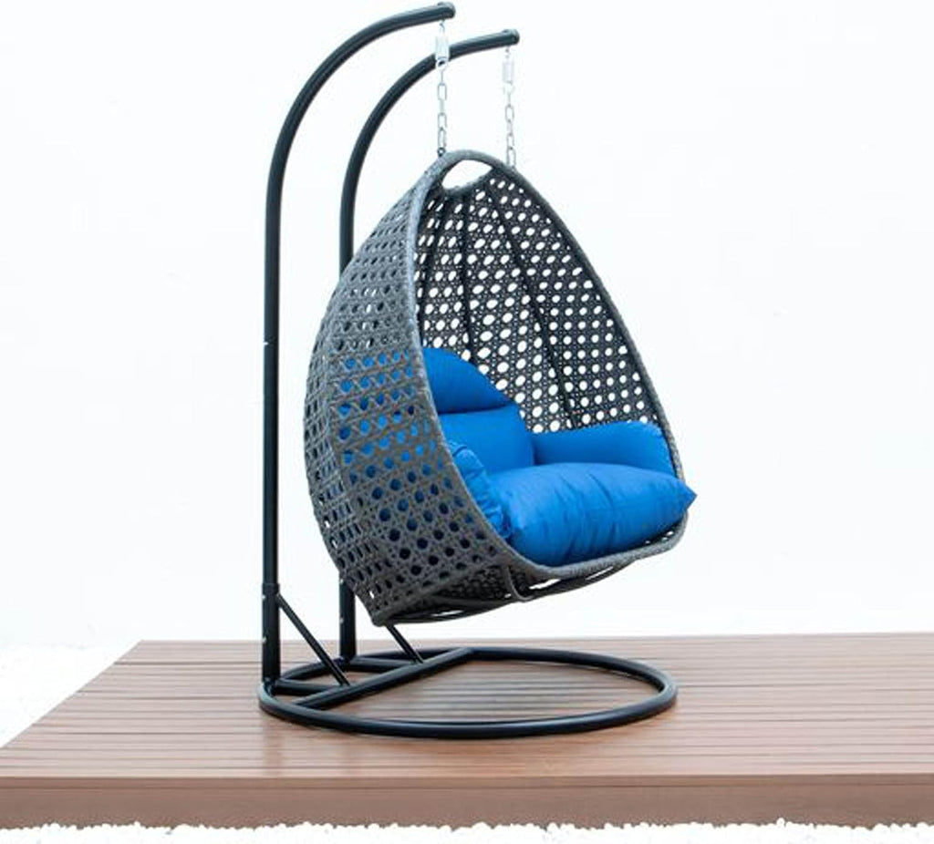 LeisureMod 2 Person Wicker Hanging Egg Chair with Stand & UV-Resistant Cushions for Indoor/Outdoor, Patio, Lounge, Hammock Seat, Blue