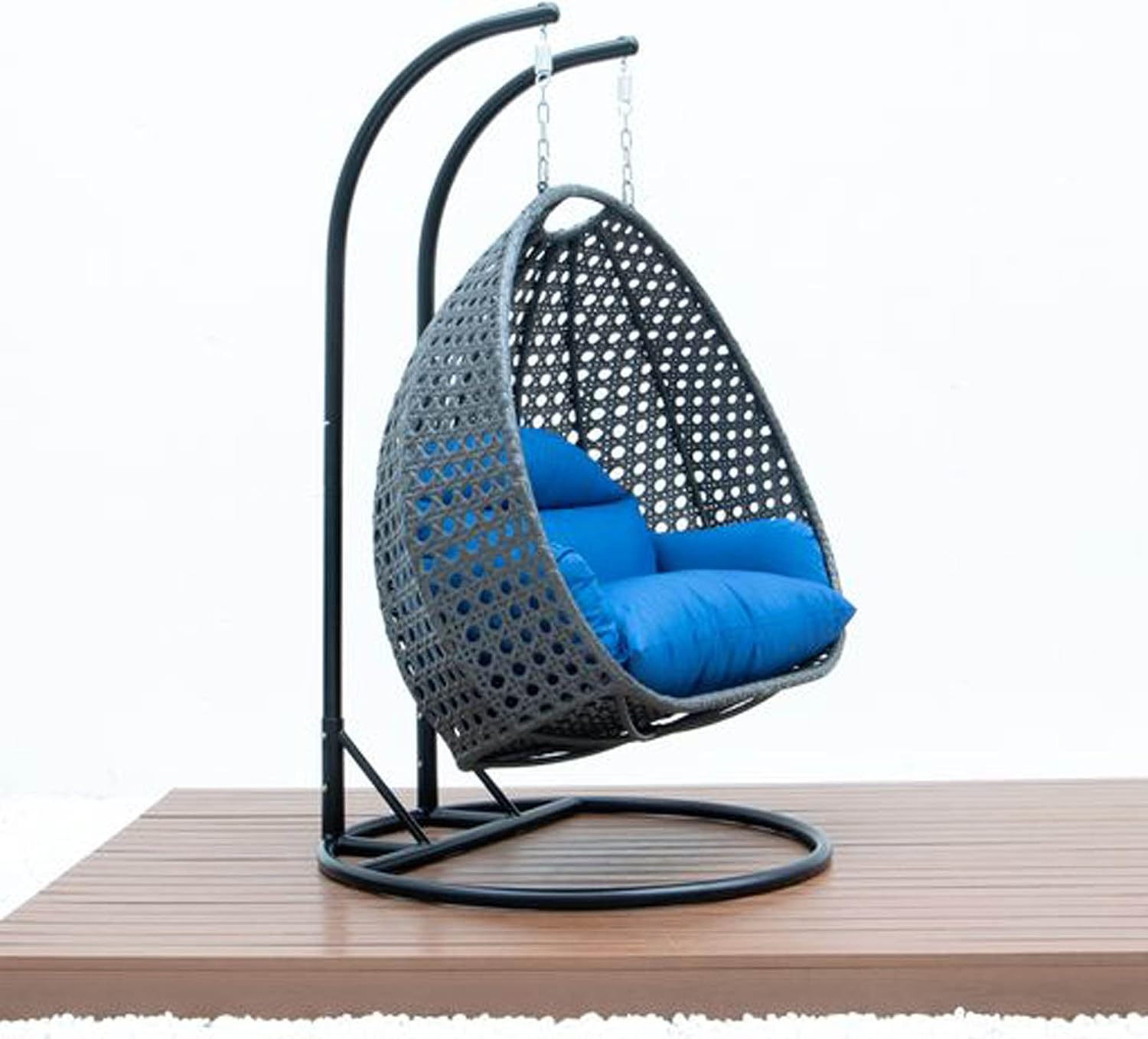 LeisureMod 2 Person Wicker Hanging Egg Chair with Stand & UV-Resistant Cushions for Indoor/Outdoor, Patio, Lounge, Hammock Seat, Blue