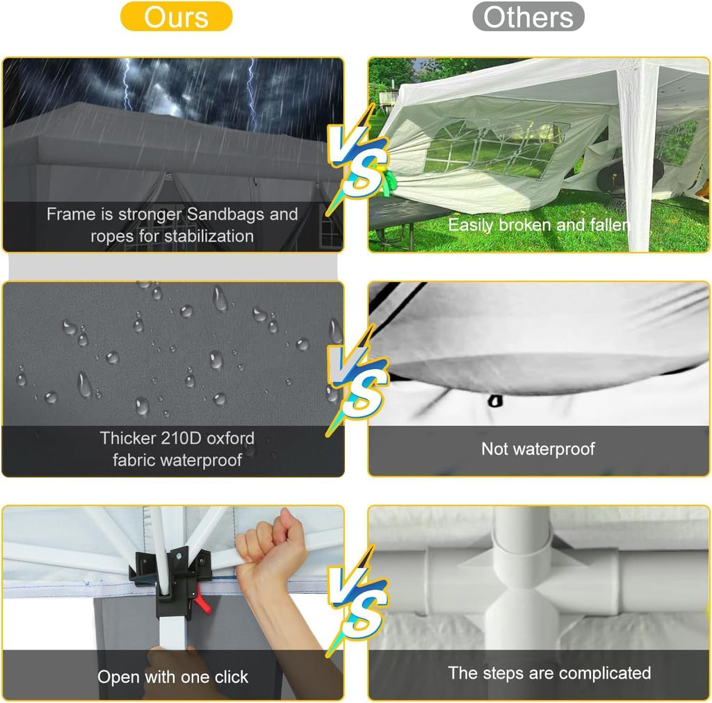 COBIZI 10x30 Pop Up Canopy with 8 Sidewalls for Parties Wedding Backyard, Waterproof Outdoor Commercial Event Shelter with Stakes, Ropes, Sandbags, Grey
