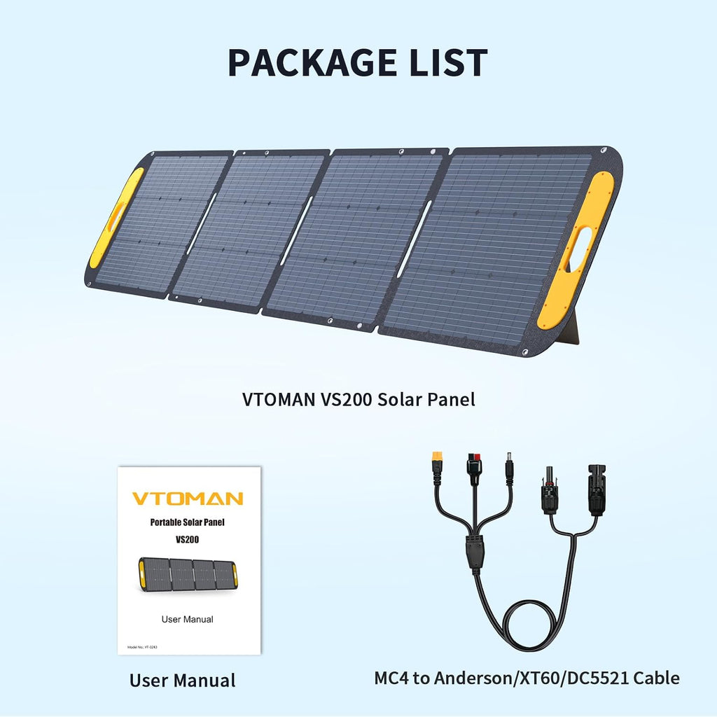 VTOMAN VS200 Portable Solar Panel for Power Station, 200W 19V Foldable Solar Panel w/Supporting Stand, High 23% Efficiency IP67 Waterproof Solar Panel Kit for Backyard Trip Off Grid System