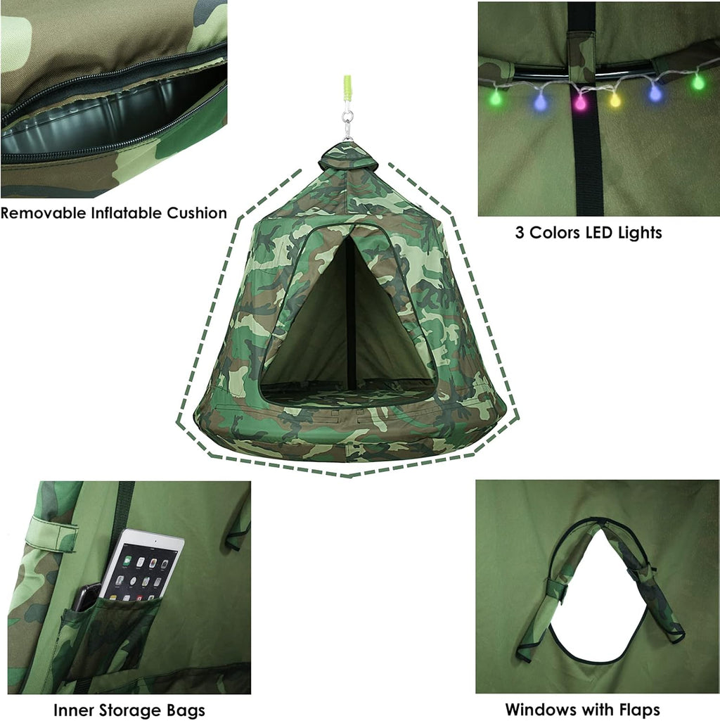 X-Shaped Hanging Tree Tent w/Swing Chair,Hammock Chair Stand Canopy w/Steel Frame,Indoor Outdoor Egg Basket Patio Seat w/Adjustable Solid Stand,Bedroom Porch Balcony Garden 330lb (Camouflage)