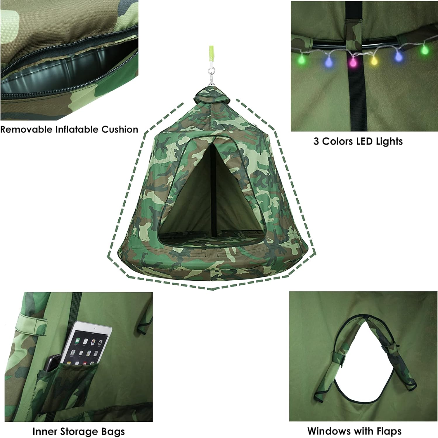 X-Shaped Hanging Tree Tent w/Swing Chair,Hammock Chair Stand Canopy w/Steel Frame,Indoor Outdoor Egg Basket Patio Seat w/Adjustable Solid Stand,Bedroom Porch Balcony Garden 330lb (Camouflage)