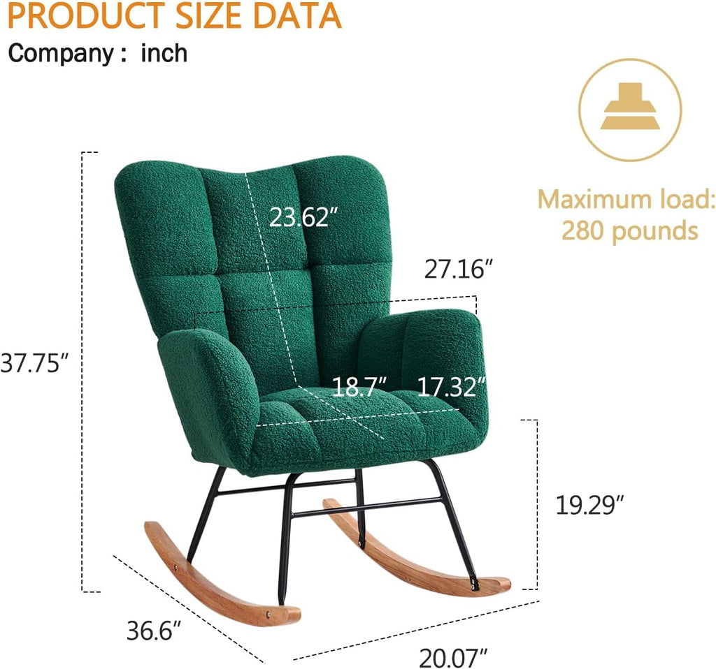 Rocking Chair Nursery, High Backrest Teddy Glider Rocker Upholstered Rocker Recliner Modern Rocking Accent Chairs for Bedroom, Living Room, Offices (Green)
