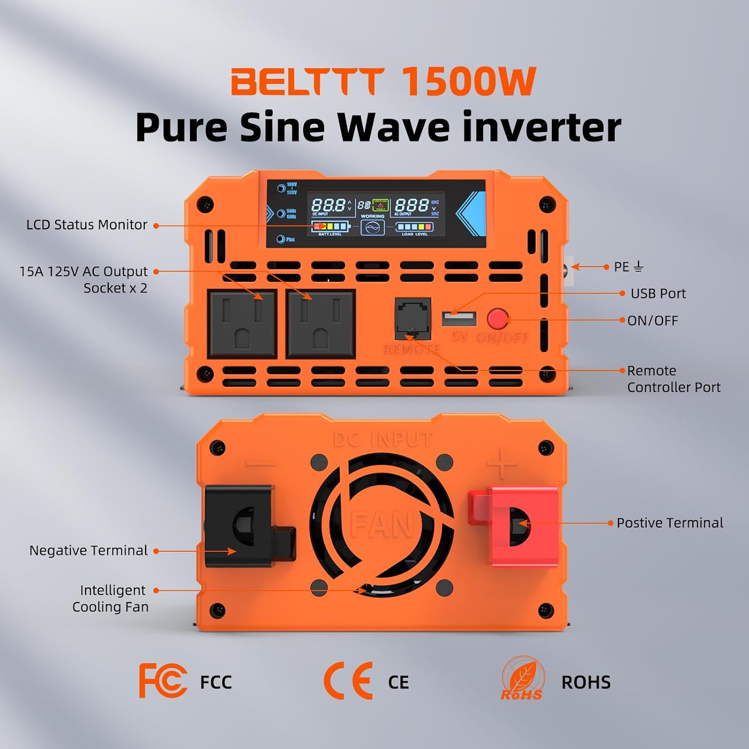 BELTTT 1500W Pure Sine Wave Inverter 12V to 120V AC, Inverter 12V to 110V Converter for Solar, Off-Grid, RV, Truck, Power Inverter with Dual AC Socket, 5V 2.1A USB, Surge 3000W, Smart LCD Display