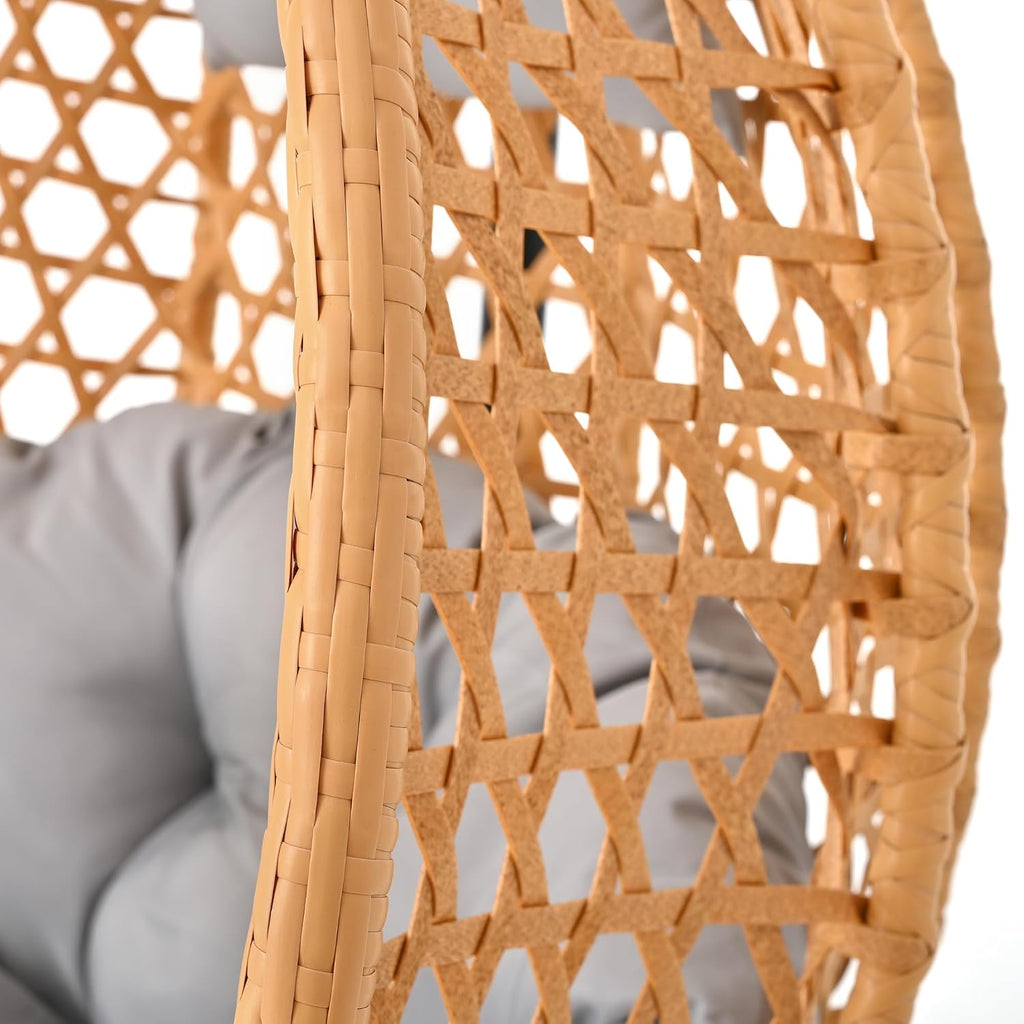 Durable Hanging Egg Chair with Rattan Weaving, Hammock Chair with Stand, Comfortable Indoor Outdoor Swing Chairs with Soft Removable Cushion,Suitable for Balcony, Bedroom,or Garden, Brown+Grey