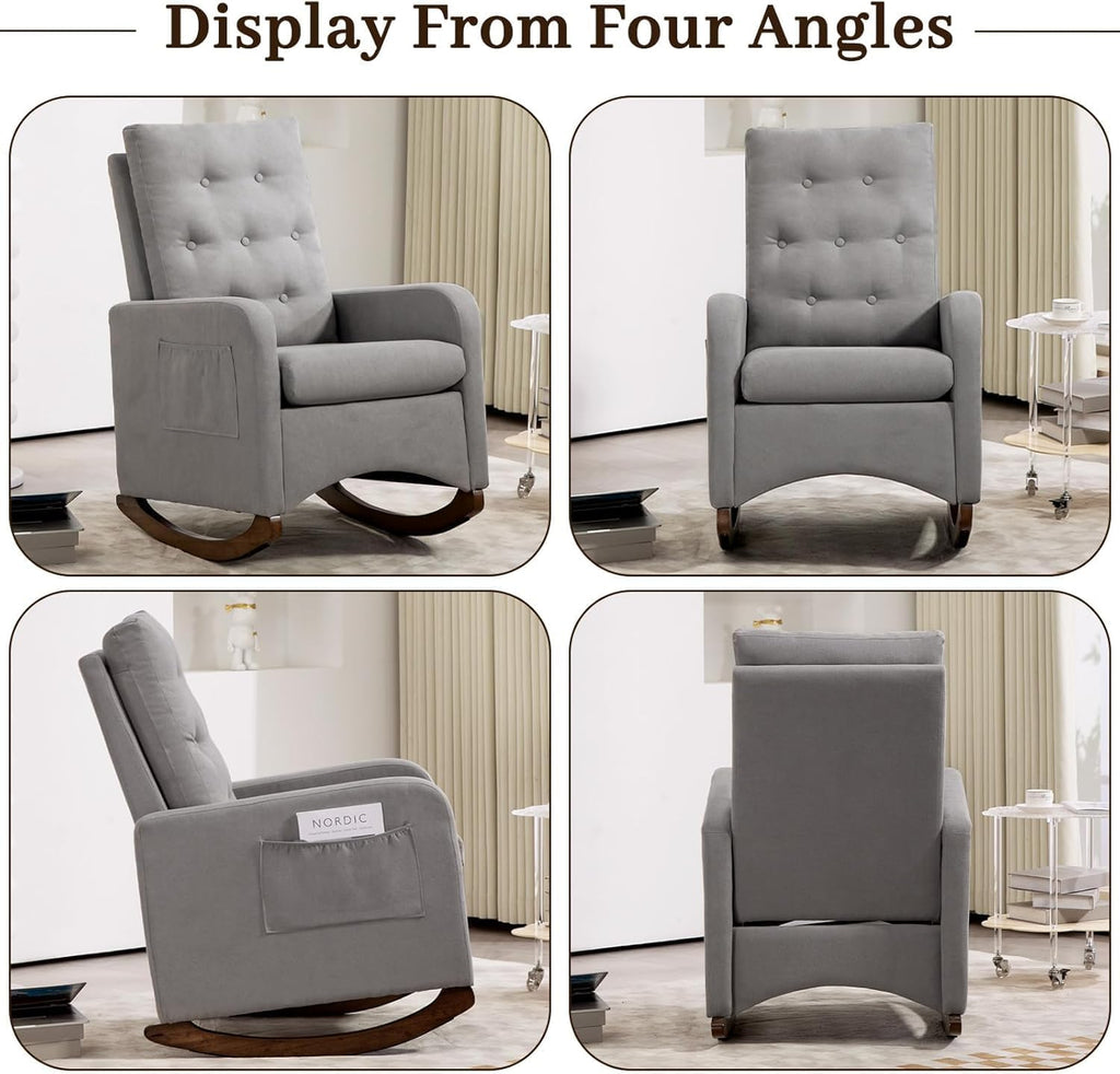 Nursery Rocking Chair, Comfy Upholstered Glider Rocker Armchair with Rubber Wood Legs High Back and Side Pocket for Living Room Bedroom, Light Gray