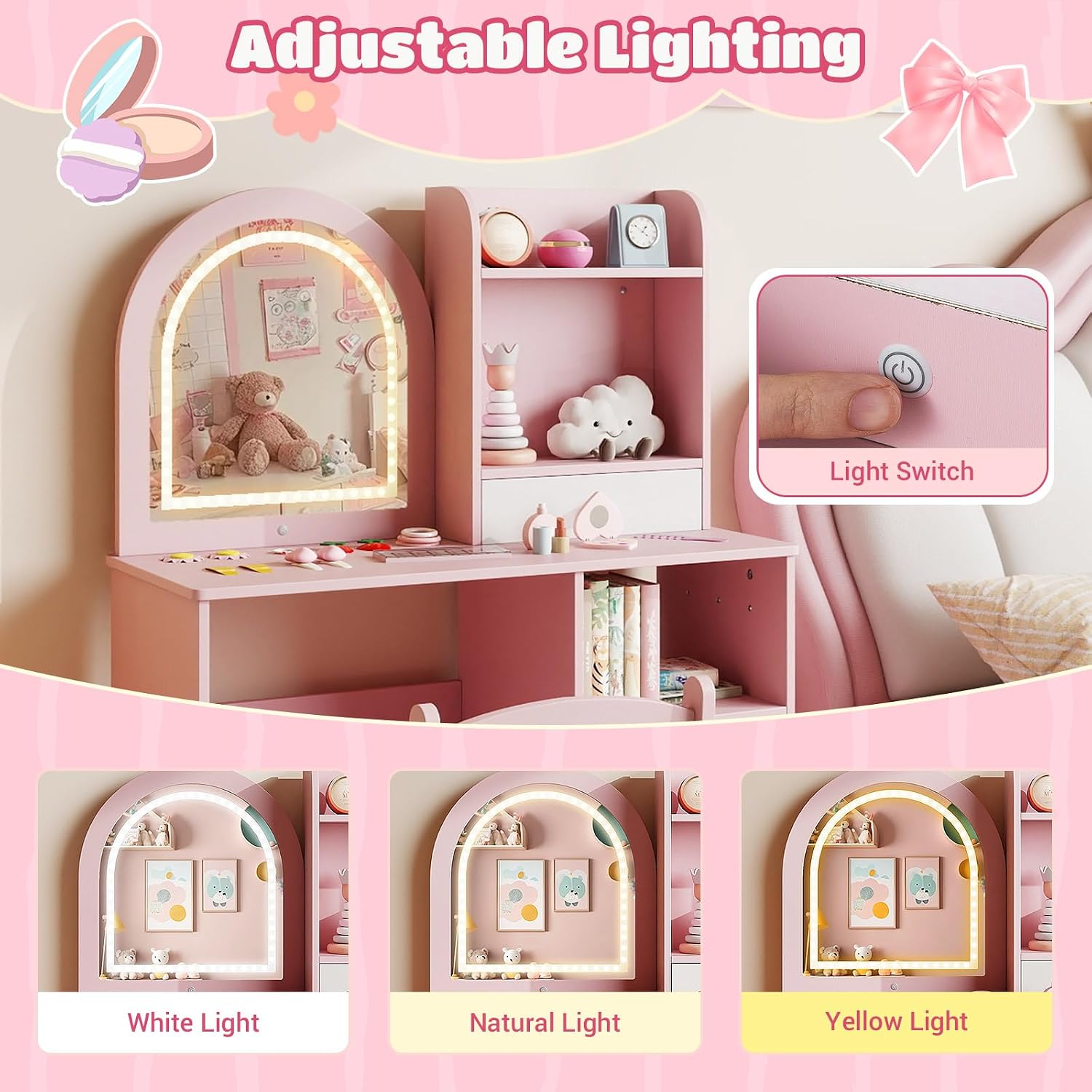 Costzon Kids Vanity with Lights, Girls Vanity Set with Mirror, Storage Drawer, Hooks & Shelves, Toddler Makeup Vanity Desk Dressing Table, Wooden Kids Vanity Table and Chair Set (Pink)
