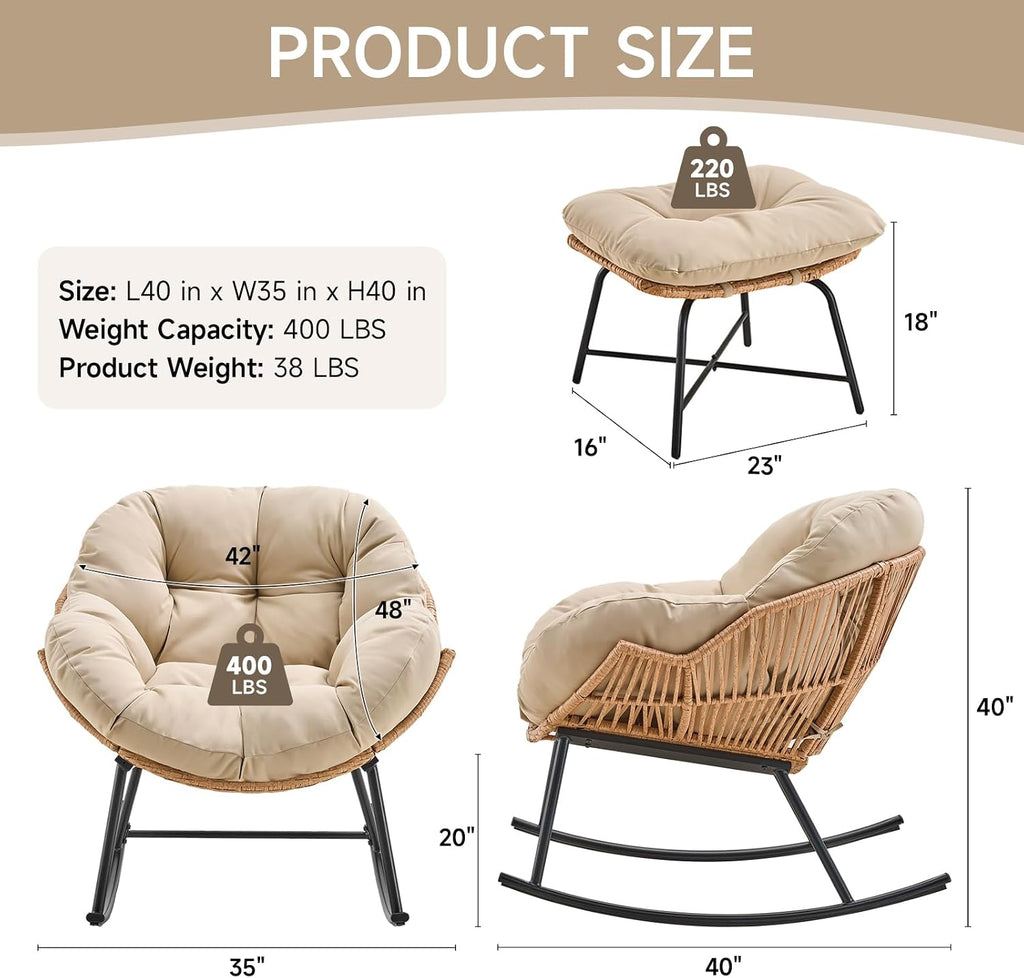 ONBRILL Papasan Rocking Chair with Ottoman,Oversized Papasan Chair with Padded Cushion, Indoor & Outdoor Rocker Chair for Living Room, Patio, Garden, Beige