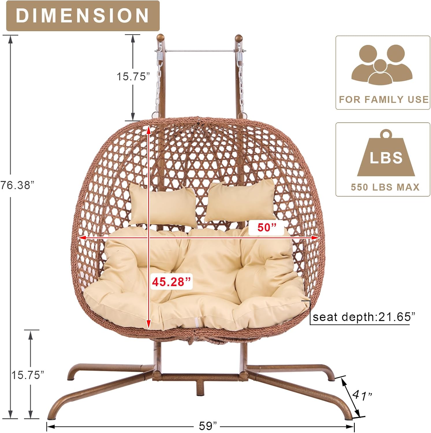 Double Swing Egg Chair with Stand, Foldable Wicker Hanging Swing for Outdoor Garden Patio, 2 Person Egg Chair Loveseat with Removable Cushions (Beige)