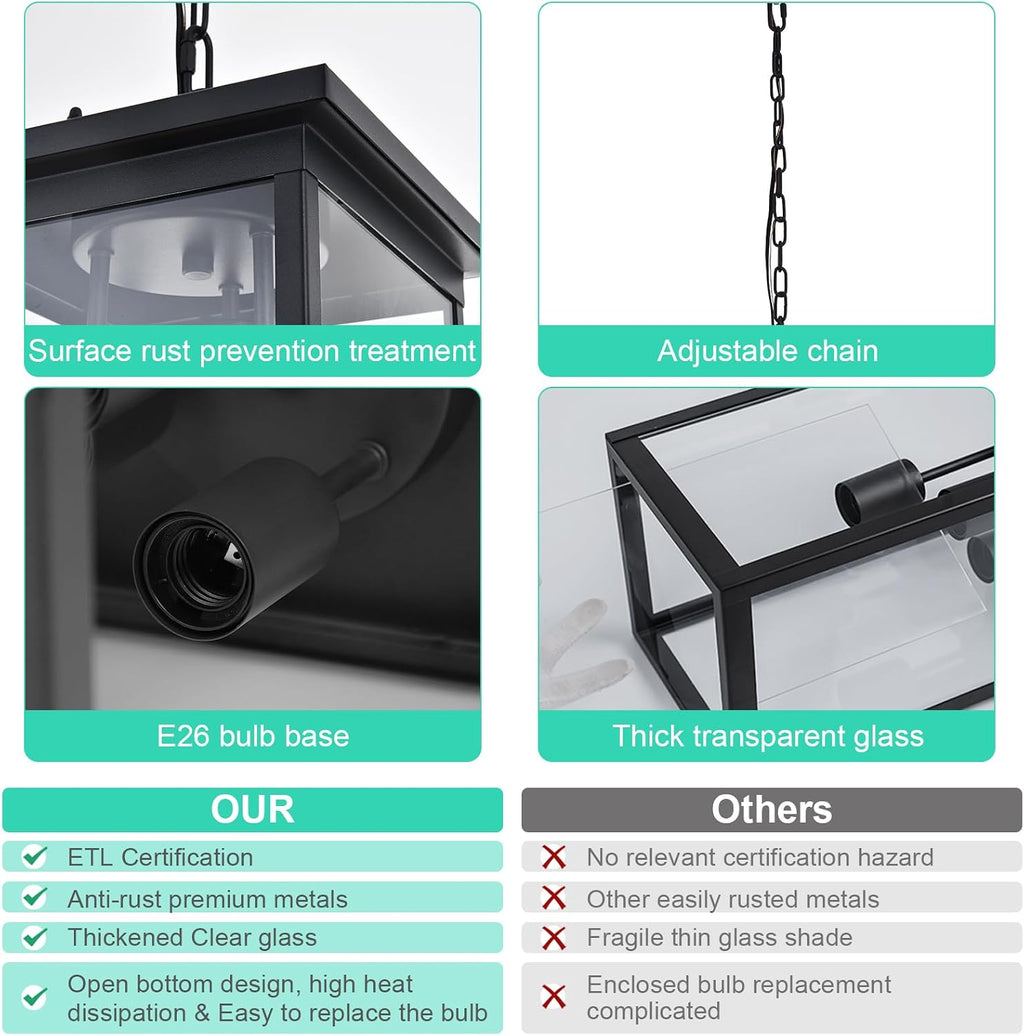 Yaohong 17'' Large Outdoor Pendant Light, 3-Lights Matte Black Exterior Hanging Lantern with Clear Glass, Outdoor Chandelier Ceiling Light Fixture for Porch, Patio, Gazebo, Entryway