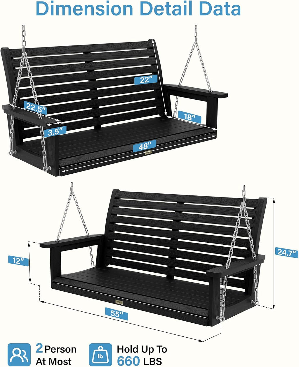 YEFU Hanging Porch Swing Outdoor: 2-Seat Patio Swing Bench-All Weather Swings Chair with Hanging Chains-Look Like Real Wood-Garden/Courtyard/660Lbs Weight Capacity/4FT/Black