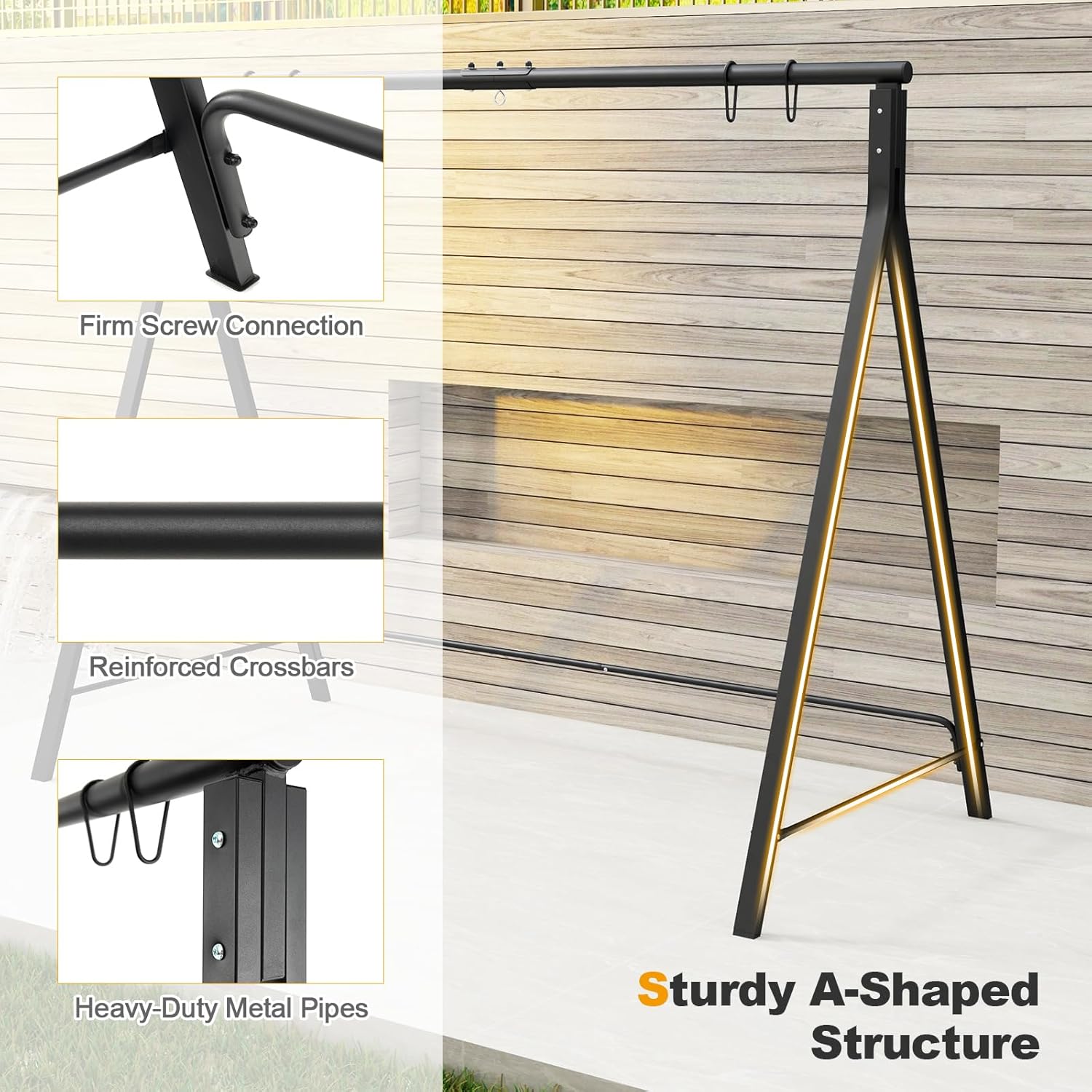 Tangkula Metal Swing Frame, Porch Swing Stand with Extra Side Bars, 5 Hanging Rings, Heavy Duty Swing Frame Outdoor for Swing, Hammock, A-Frame Swing Stand Frame Outdoor for Lawn, Garden, Backyard