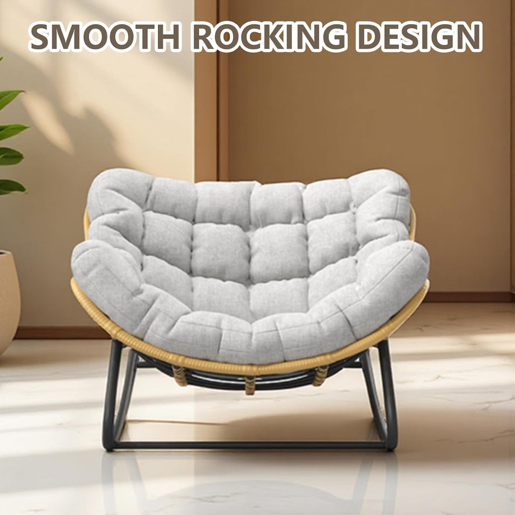Oversized Papasan Rocking Chair with Extra Thick Cushion, Rattan Wicker Egg Chair for Indoor & Outdoor Use – Cozy Swivel Lounge Chair for Patio, Living Room, Bedroom, or Porch, Grey
