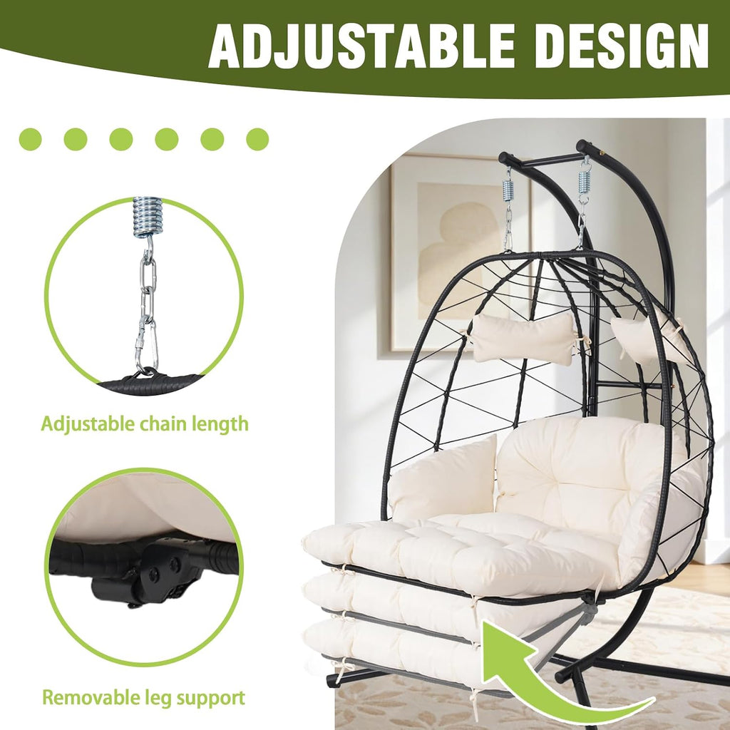 Double Outdoor Egg Chair with Stand, 2 Person Hanging Egg Chair with Adjustable Footrest Outdoor Indoor, Oversized Wicker Egg Swing Chair with Thickened Cushions (Black-White with Light)