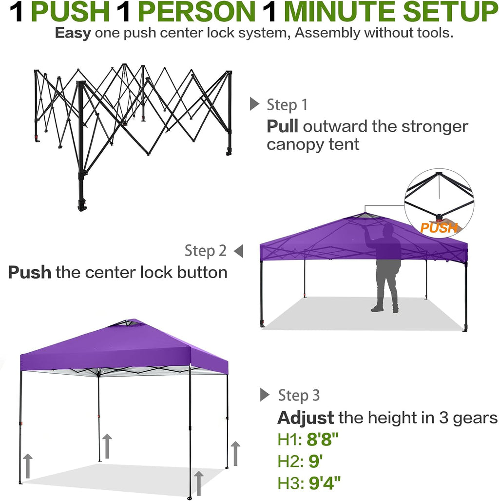 Tunbne 12'x12' Pop Up Canopy Tent with 1 Sidewall and 6 Pockets, One Push Setup, Case, 8 Stakes, 4 Ropes, 4 Sandbags (Purple, 12x12)