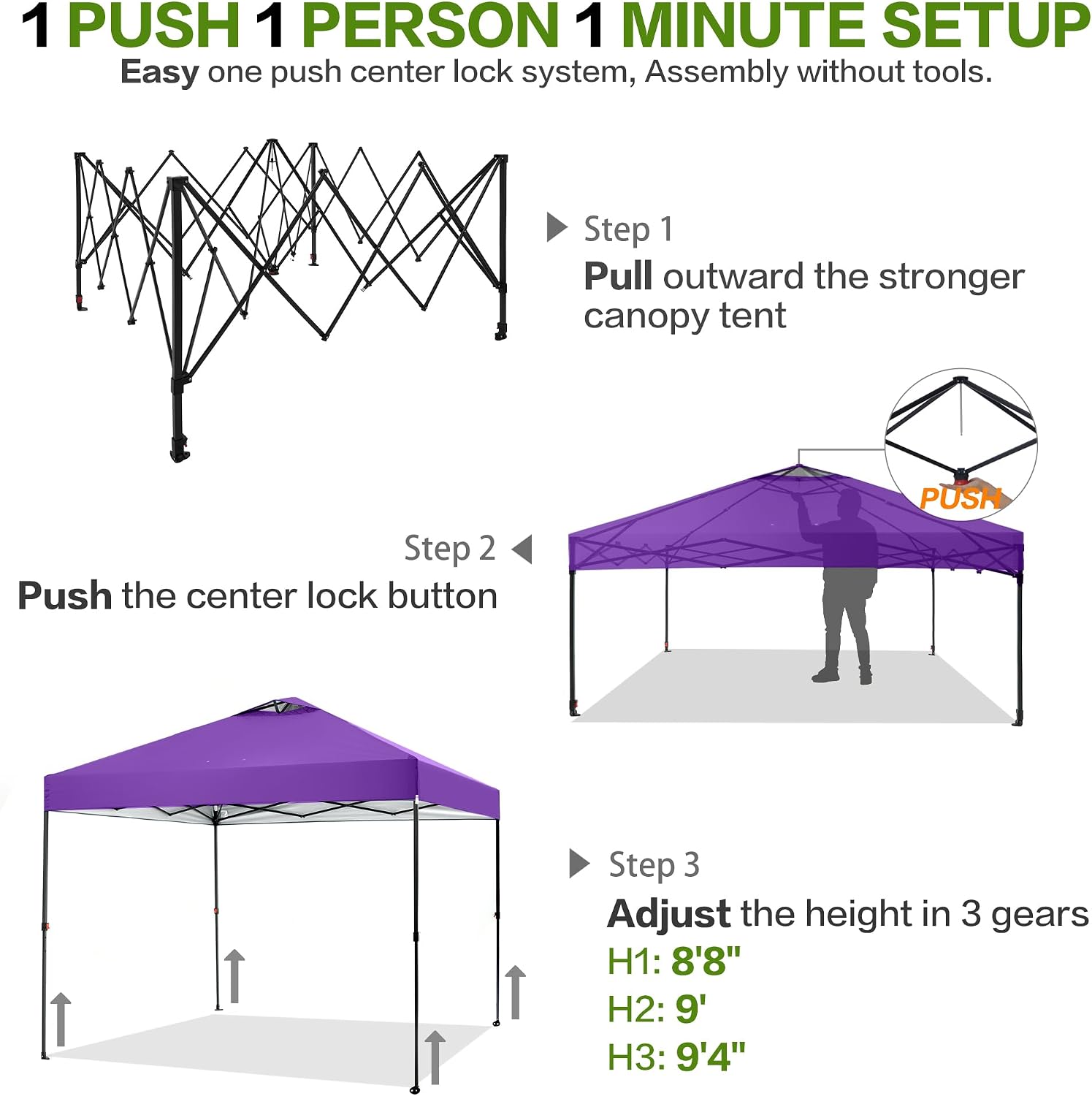Tunbne 12'x12' Pop Up Canopy Tent with 1 Sidewall and 6 Pockets, One Push Setup, Case, 8 Stakes, 4 Ropes, 4 Sandbags (Purple, 12x12)