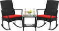 Flamaker Rocking Chair Outdoor PE Rattan Patio Chairs with Glass Table High Back Porch Rocker for Balcony, Garden, Backyard (Red)