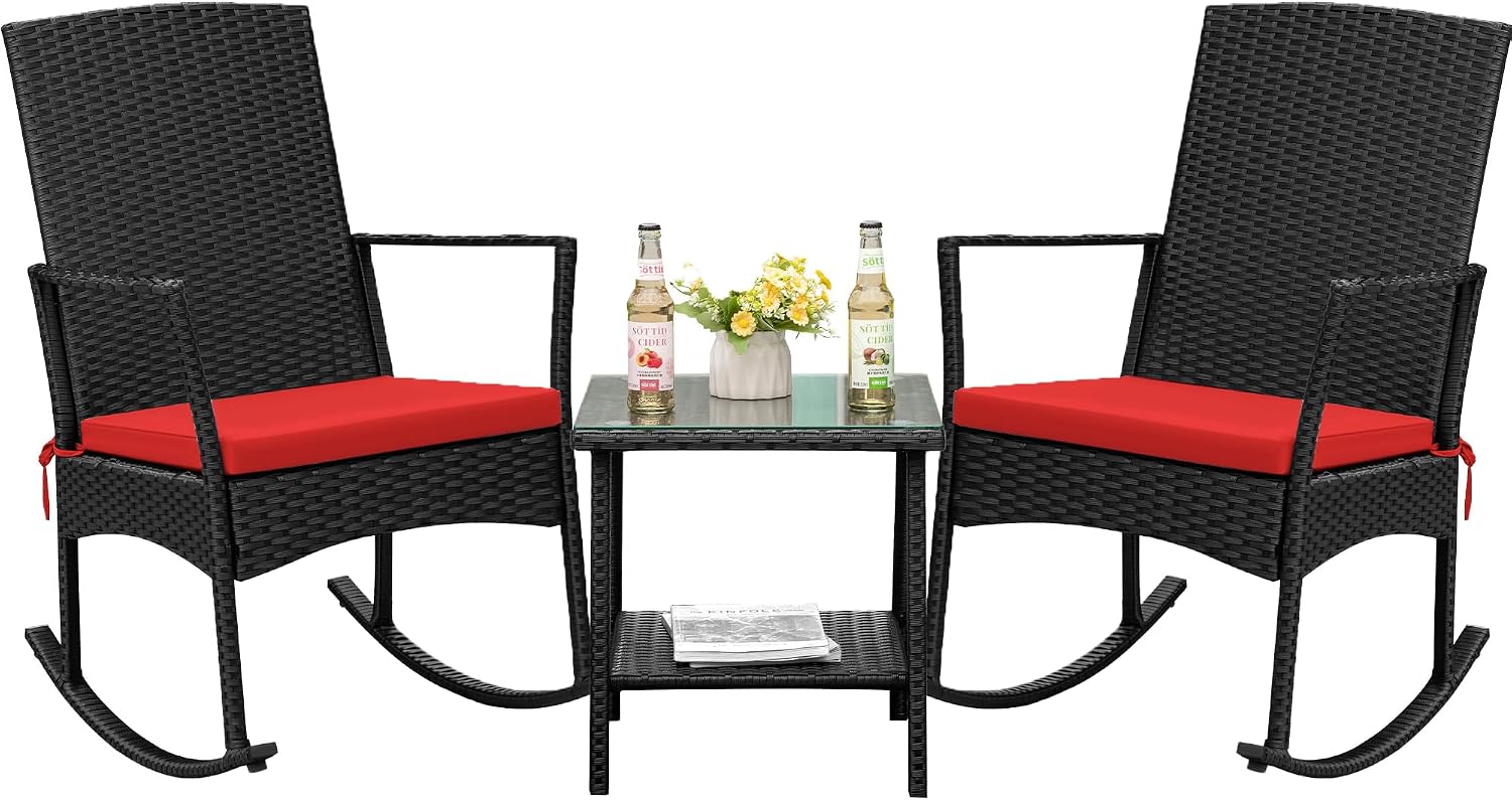 Flamaker Rocking Chair Outdoor PE Rattan Patio Chairs with Glass Table High Back Porch Rocker for Balcony, Garden, Backyard (Red)