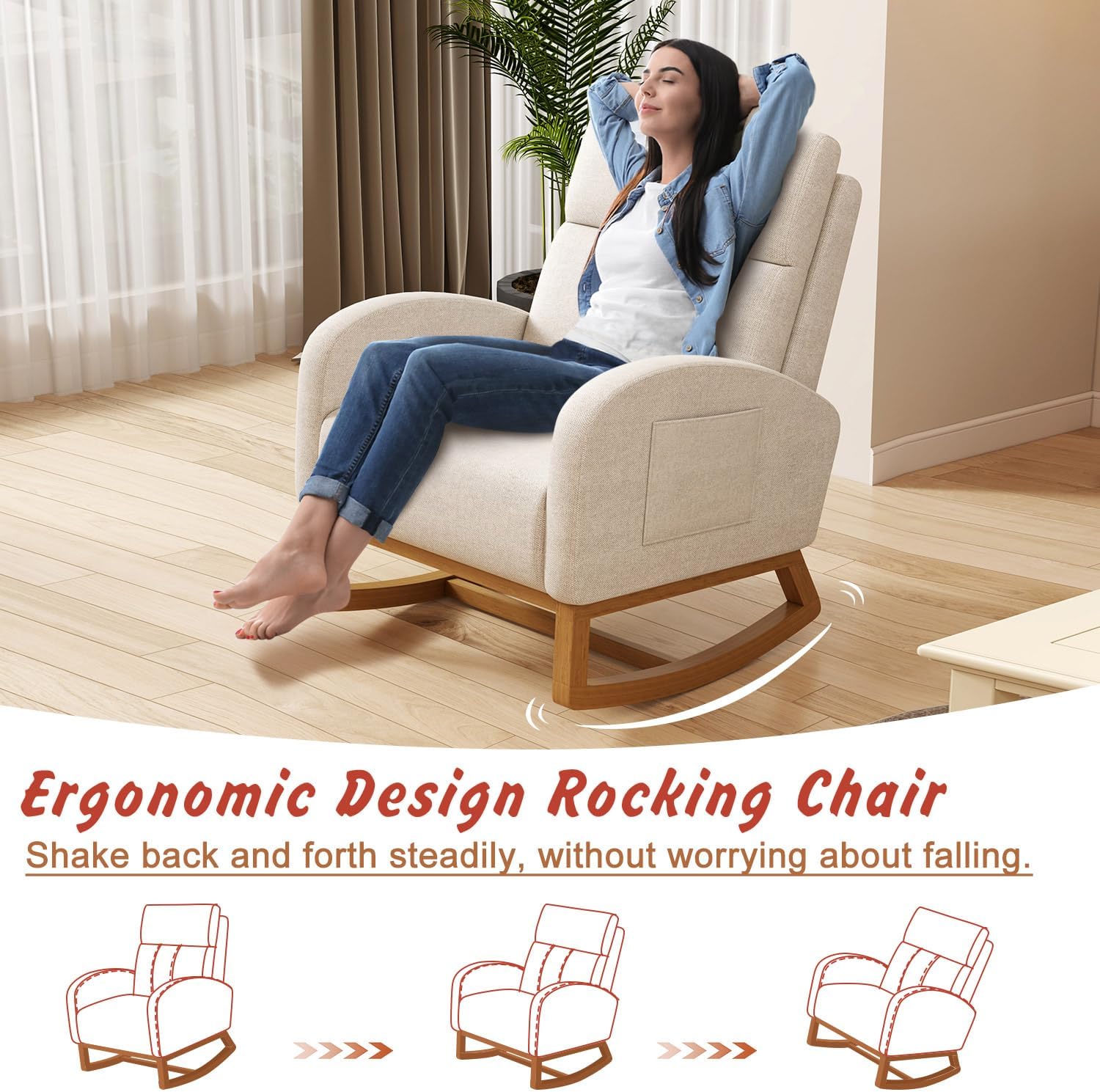 Gaussen Glider Rocking Chair Nursery Comfy Accent Chair with High Backrest Upholstered Living Room Chairs with Side Pocket Armchair Reading Chair for Bedroom Nursery Office, Cream