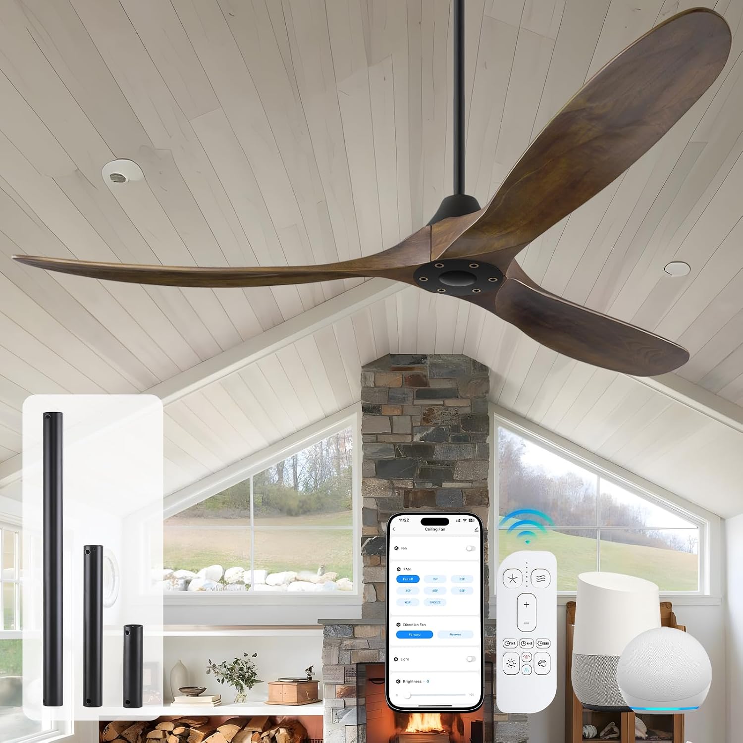 60 inch DC Ceiling Fan No Light Outdoor Ceiling Fan for Patios Damp Rated, ETL Listed 3 Blade Large Airflow Indoor Commercial Smart Ceiling Fans for Exterior Porch Gazebo with Alexa/Remote/APP Control