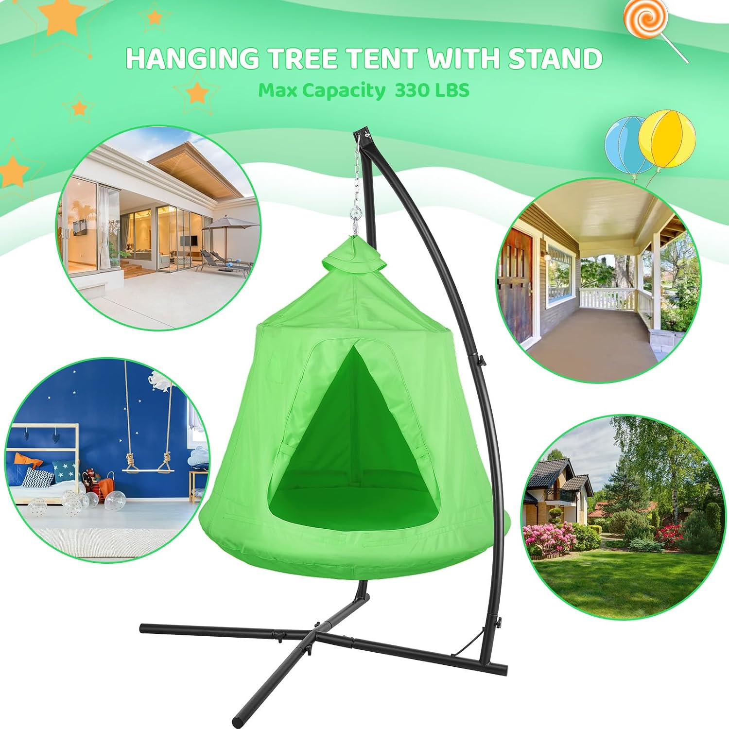 Arlopu Hanging Hammock X-Stand w/Tree Tent, Indoor Metal Swing Chair Stand w/Play Tent, Outdoor Egg Basket Patio Seat w/Support Stand, Porch Bedroom Balcony Chair w/Adjustable Solid Stand (Green)