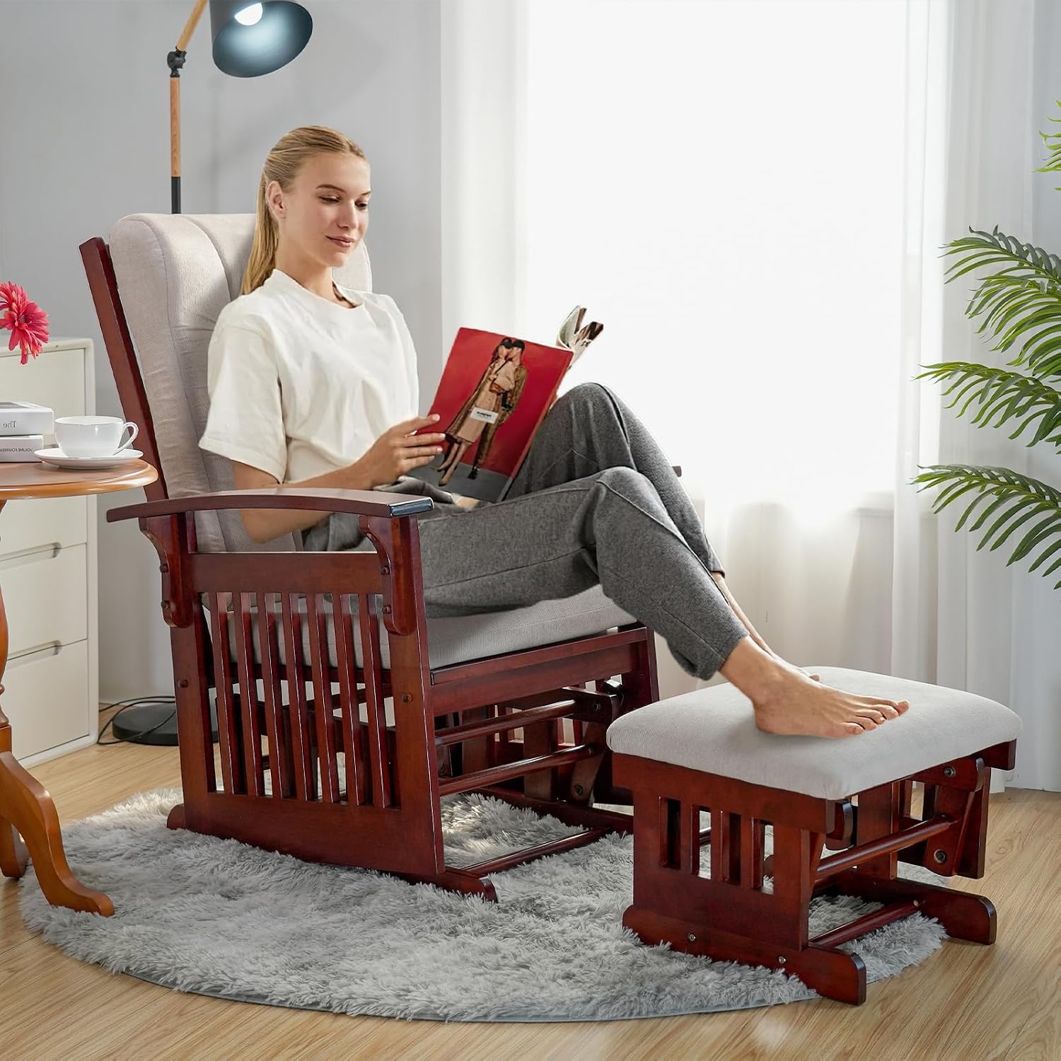 Glider Rocking Chair Nursery with Ottoman Smooth Rocking Motion, Easy to Assemble, Solid Hardwood Base Indoor Adult (Cream White)
