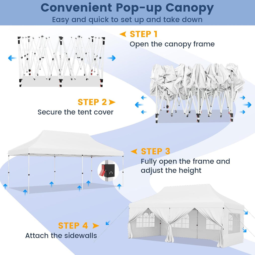 HAPPYGRILL 10x20FT Pop-up Canopy with Detachable Sidewalls, Instant Canopy Tent with Carrying Bag, UPF50+ Sun Protection, Easy Setup Gazebo for Outdoor Party Wedding, White