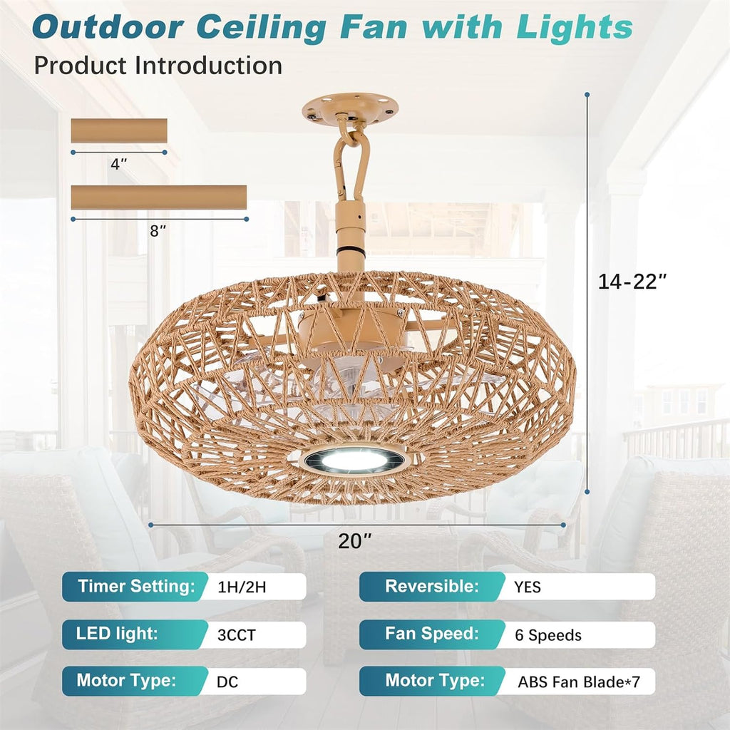 20'' Outdoor Gazebo Fan with Light, Outside/Indoor Hanging Rattan Ceiling Fan with Remote&APP Control, 3CCT Dimmable, 6-Speed DC Motor, Plug-in Wicker Woven Caged Ceiling Fans for Pergola Patio