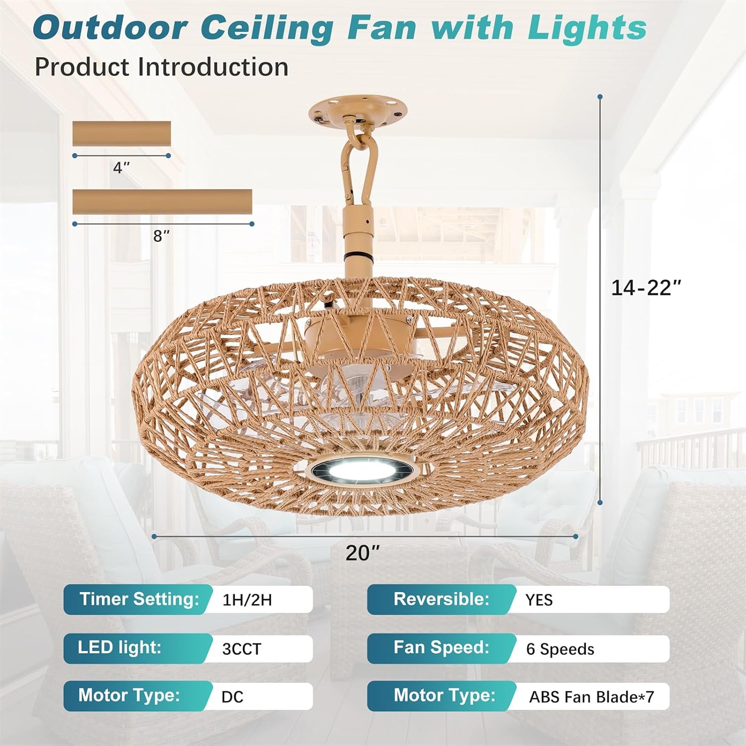 20'' Outdoor Gazebo Fan with Light, Outside/Indoor Hanging Rattan Ceiling Fan with Remote&APP Control, 3CCT Dimmable, 6-Speed DC Motor, Plug-in Wicker Woven Caged Ceiling Fans for Pergola Patio