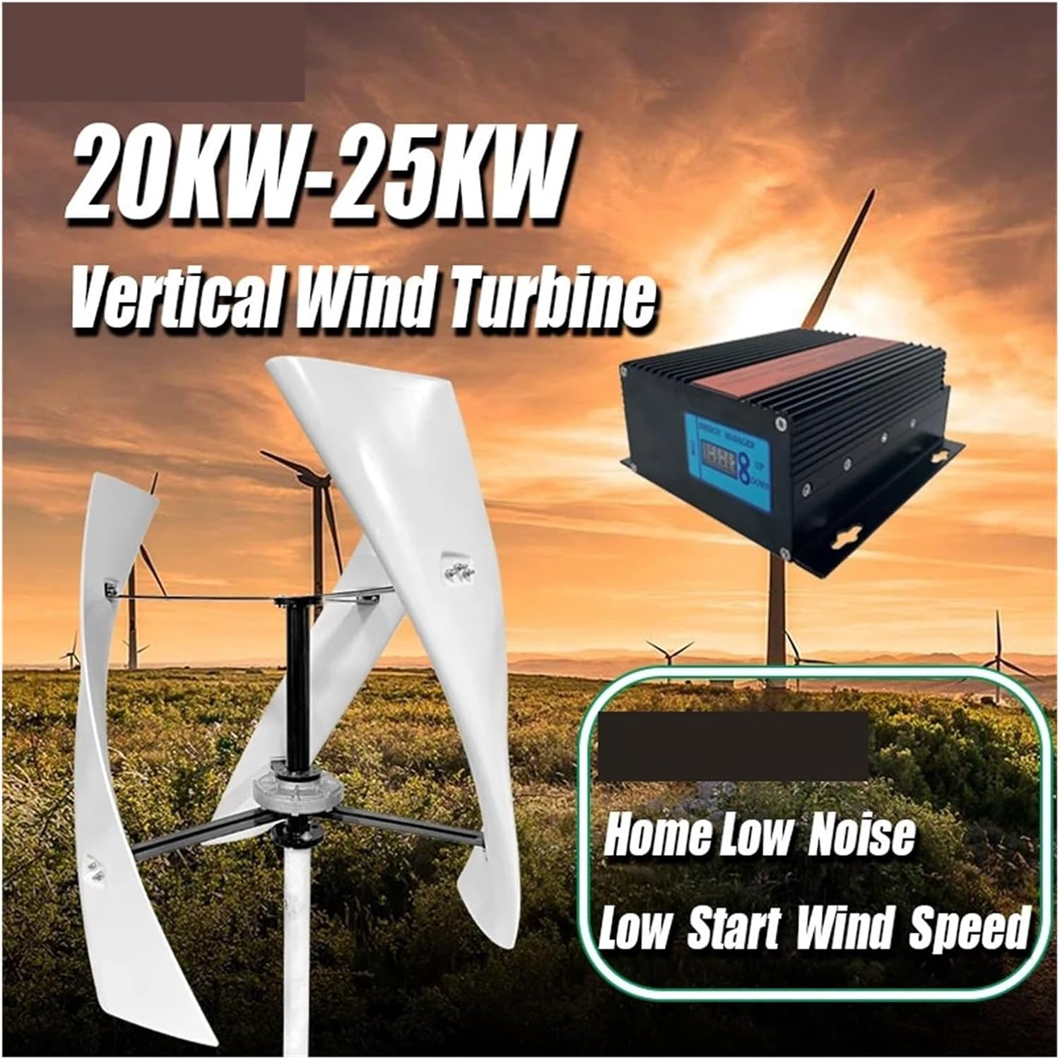 Wind Turbine 25KW 20KW Vertical Generator 12V 24V 48V with MPPT Charge Controller for Home Use Hybrid Charge for Home, Farm, RVs, Boats(Wind Turbine only,12V_25KW)