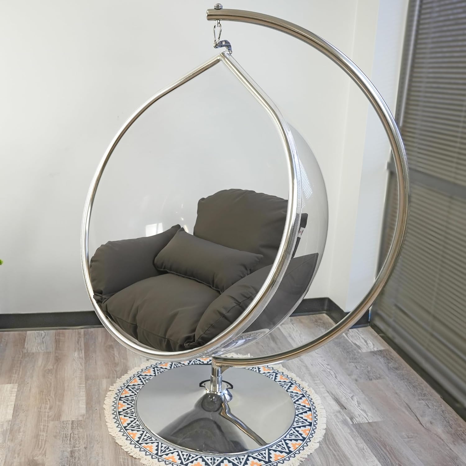 Hanging Chair - Transparent Acrylic Bubble, Waterdrop Shape, Indoor Swing Chair with Gold/Chrome Stand, Durable Fabric Cushion - Luxury Accent for Living Room, Bedroom (Chrome/Darkgray)