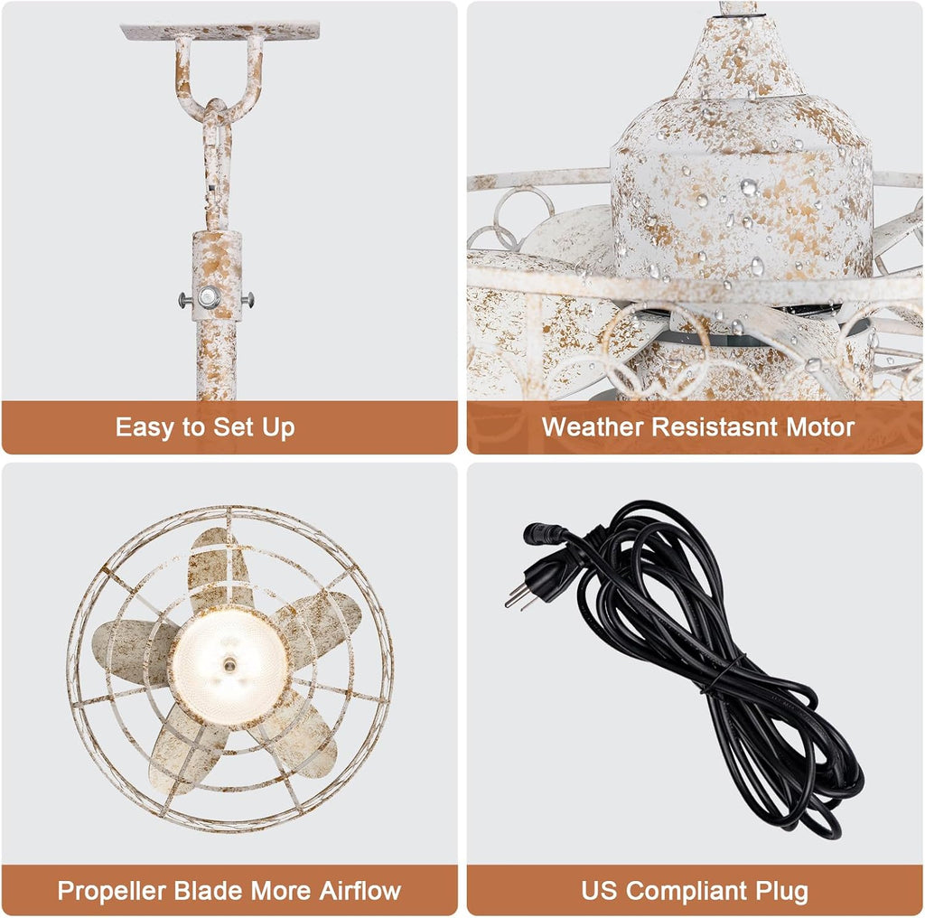 20' Outdoor Ceiling Fan with Light for Patios Waterproof Caged Gazebo Fans Outdoor Hanging Lighting with Plug-in Cord, Dimmable LED, Remote APP Control, 6 Speeds for Pergola Porch Gazebo (White)