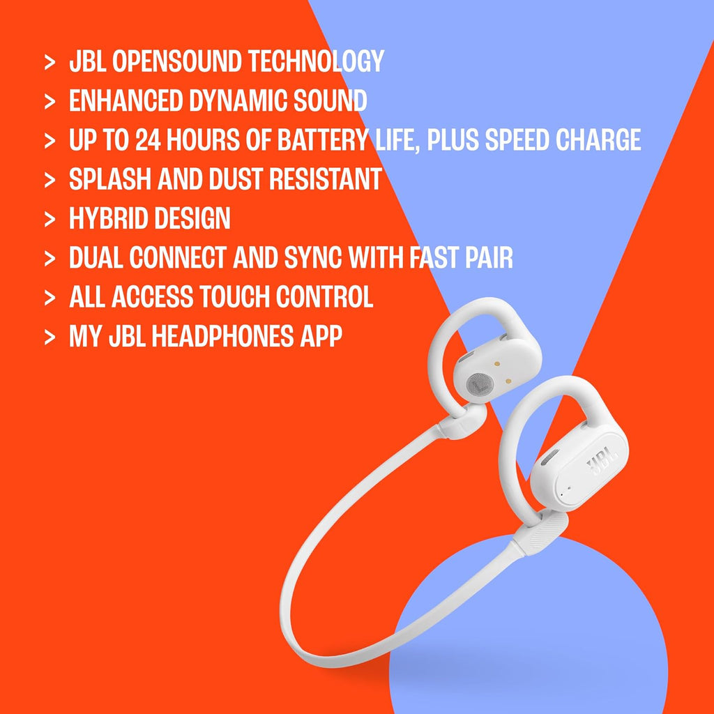 JBL SoundGear Sense - True Wireless Open-Ear Headphones, JBL OpenSound Technology, Splash and dust Resistant, 4 mics for Crisp, Clear Calls, Up to 24 Hours of Battery Life, Plus Speed Charge (White)